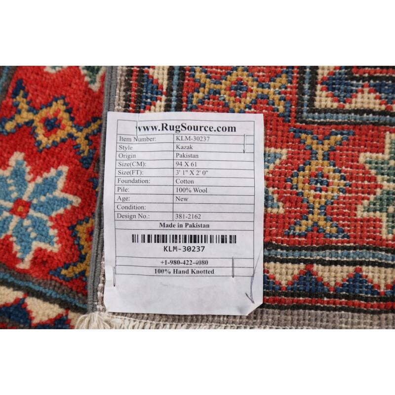 Geometric Kazak Oriental Accent Rug Handmade Wool Carpet - 2'0"x 3'1"