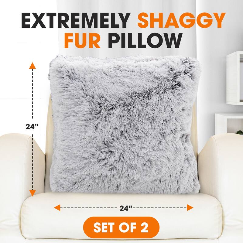 Cheer Collection Super Soft Shaggy Long Hair Throw Pillows Set of 2 Plush Accent Cushions