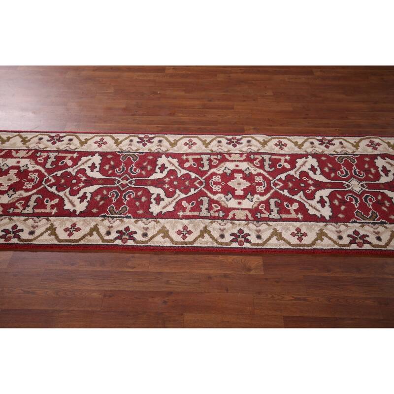 All-Over Red & Ivory Oushak Indian Runner Rug Handmade Wool Carpet - 2'6"x 9'9"