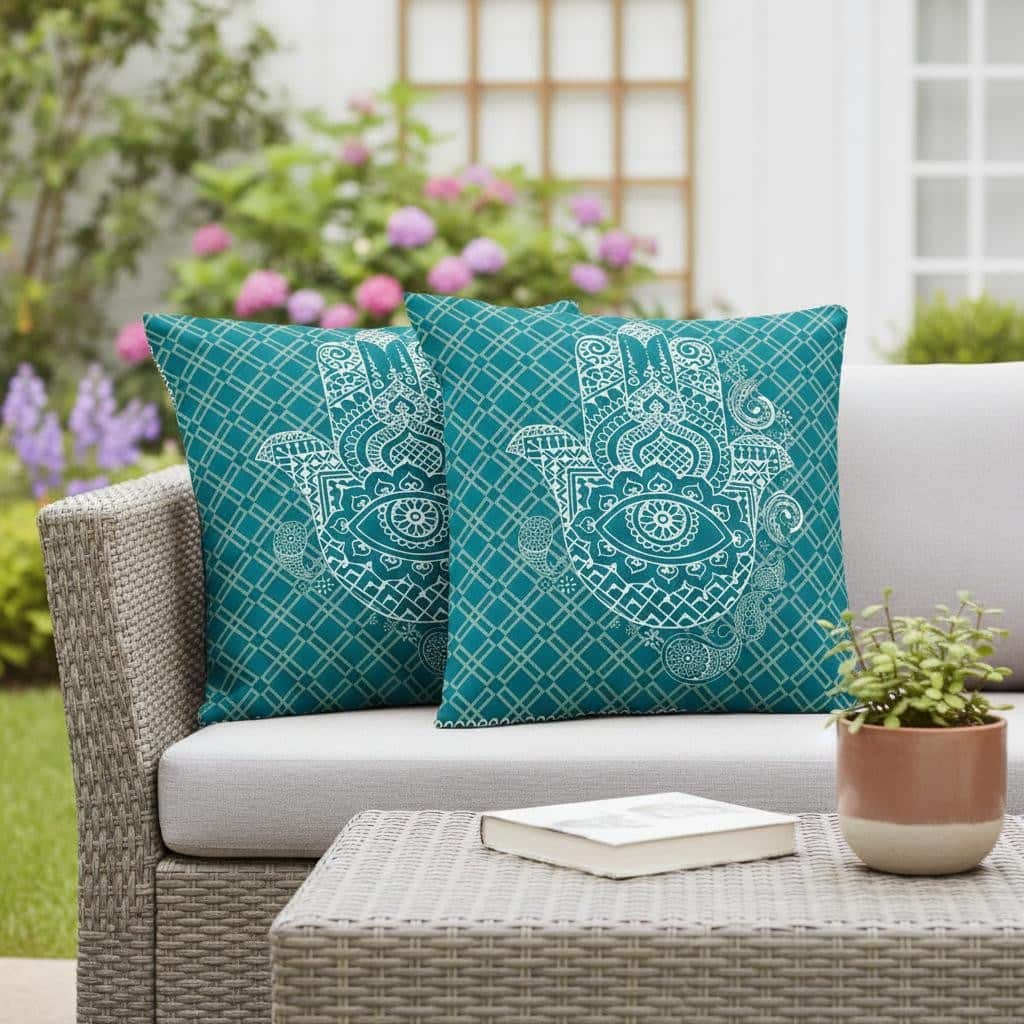 HomeRoots Set of Two 16" X 16" Green and White Blown Seam Hamsa Indoor Outdoor Throw Pillow - 16.00' X '16.00' X '5.00