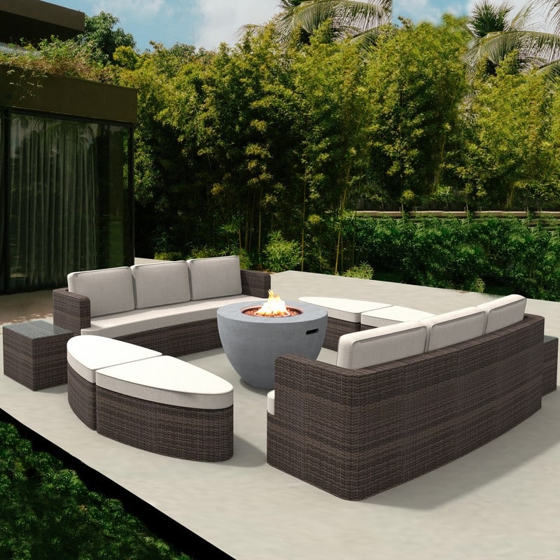 9-piece Patio Wicker Daybed Set with Concrete Fire Pit Table