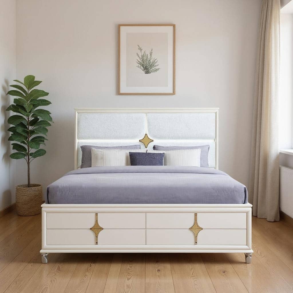 HomeRoots Gold and White Wood And Upholstery Lighted King Bed Frame