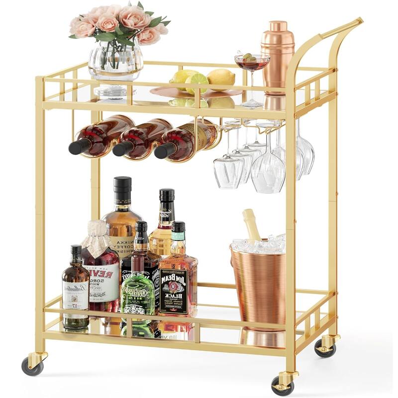 Home Bar Cart with 2 Mirrored Shelves, Wine Holders, and Glass Holders - Gold