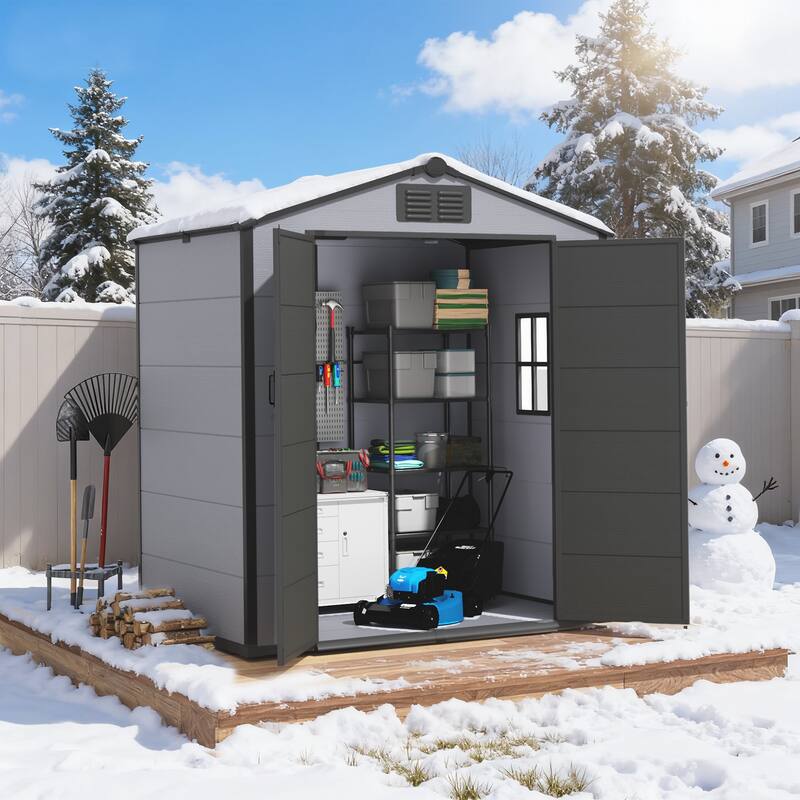 Erommy Outdoor Storage Shed with Built-In Floor, Lockable Double Doors & Sloped Roof