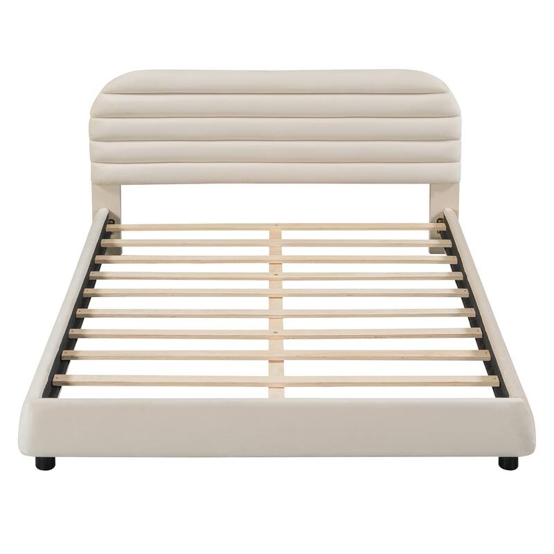 HomeRoots Beige Tufted Velvet Upholstered Queen Bed Frame
