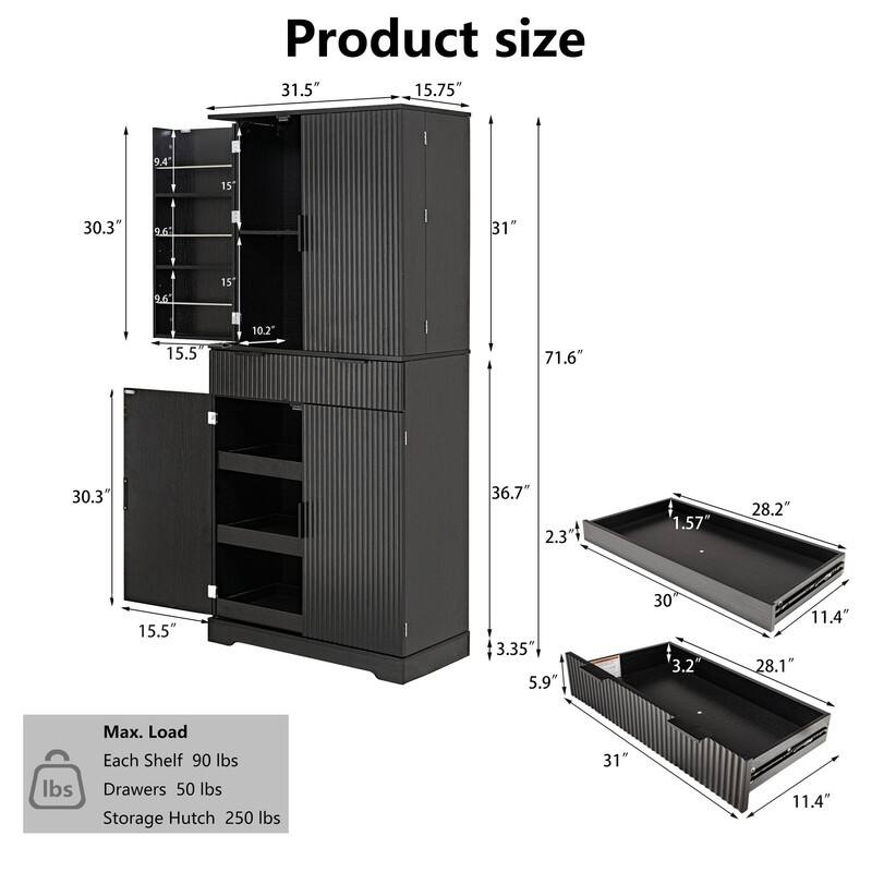 72" Fluted Kitchen Pantry Cabinet, Freestanding Cupboard Storage Cabinet with Drawers and Adjustable Shelves