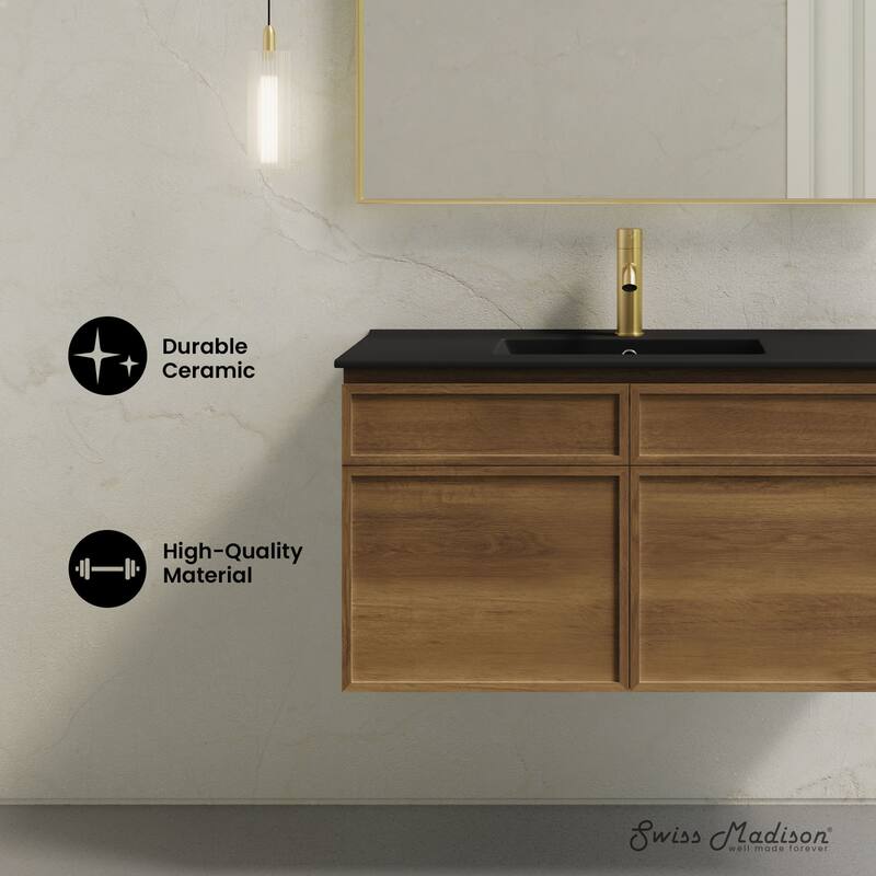 St. Tropez 36" Wall-Mounted Bathroom Vanity In Brown Oak With Black Sink Top - 36