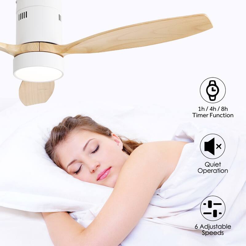 52 Inch Flush Mount Wood Blades White Ceiling Fan Reverse Airflow,6 Wind Speed,Remote Control