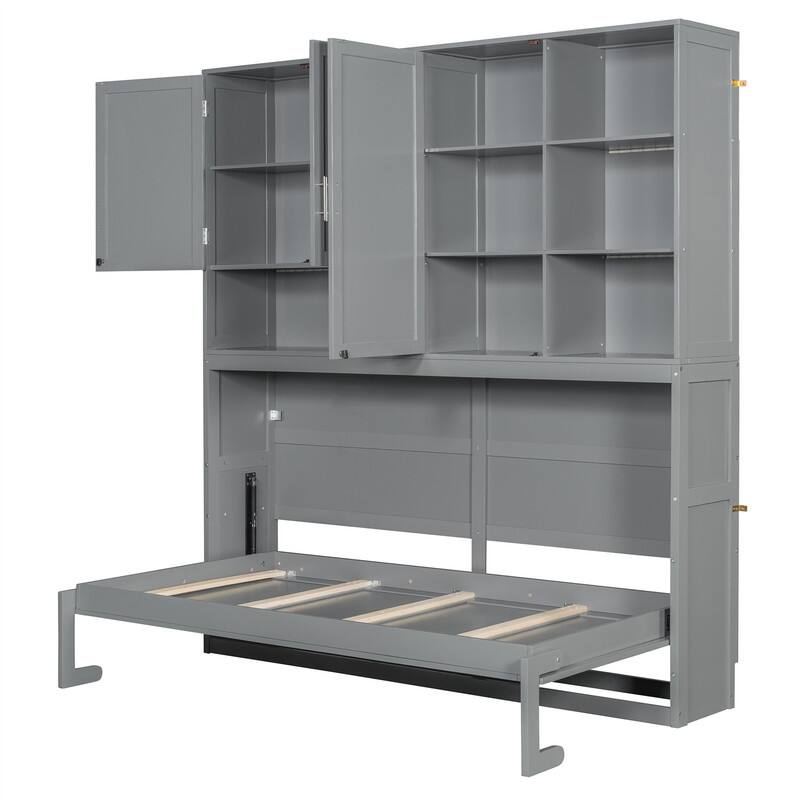 Twin Size Murphy Bed Wall Bed with Top Cabinet and LED Light, Space Saving Foldable Murphy Cabinet Bed w/ Storage Shelves & USB