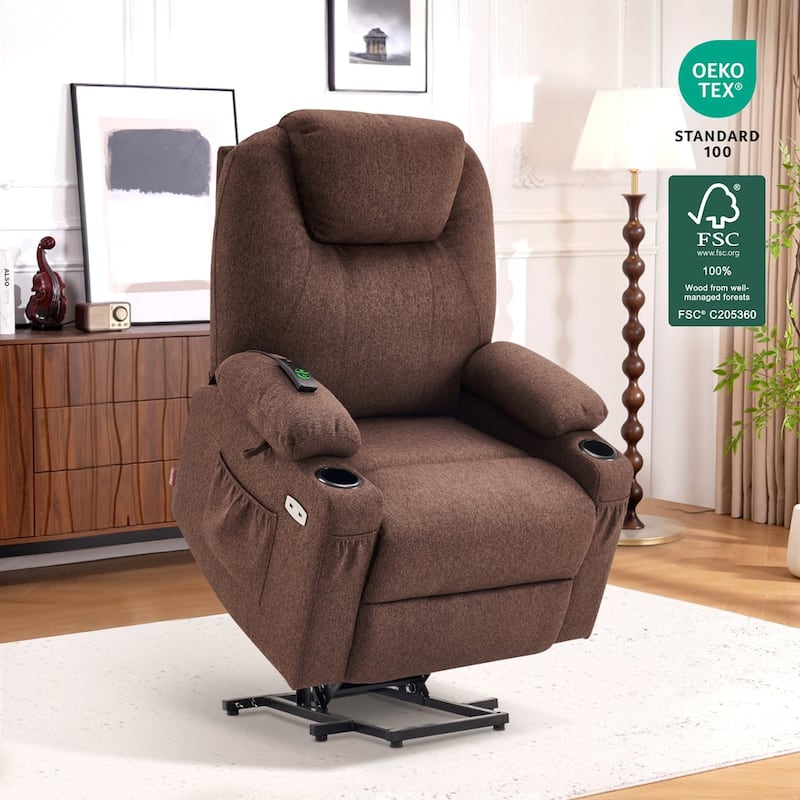 MCombo Large Power Lift Recliner Chair with Massage, Cup Holders, Extended Footrest, Fabric 7516 - Coffee