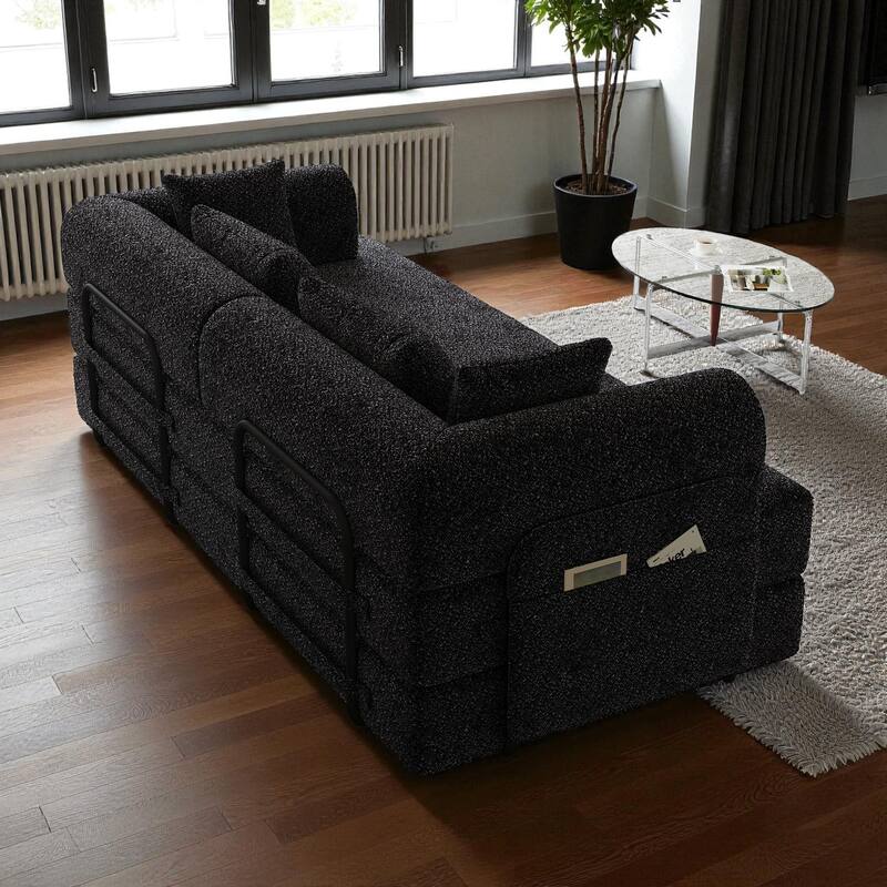 78.7" Convertible Sleeper Sofa Bed, Chenille Folding Mattress Couch with Side Pocket & Pillows, No-Assembly Floor Lounge Sofa
