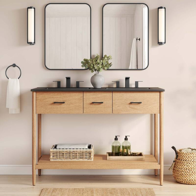 Zaire 18"/24"/30"/36"/48" Bathroom Vanity with Black Sink Top - 48" Double - Natural
