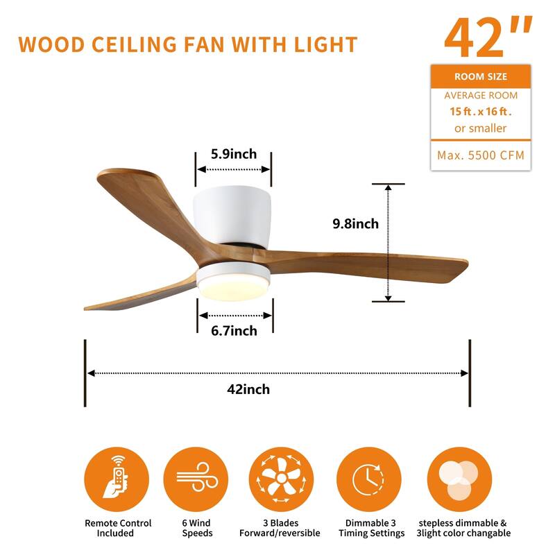 42-Inch Flush Mount Ceiling Fan with Dimmable LED & Remote - 42