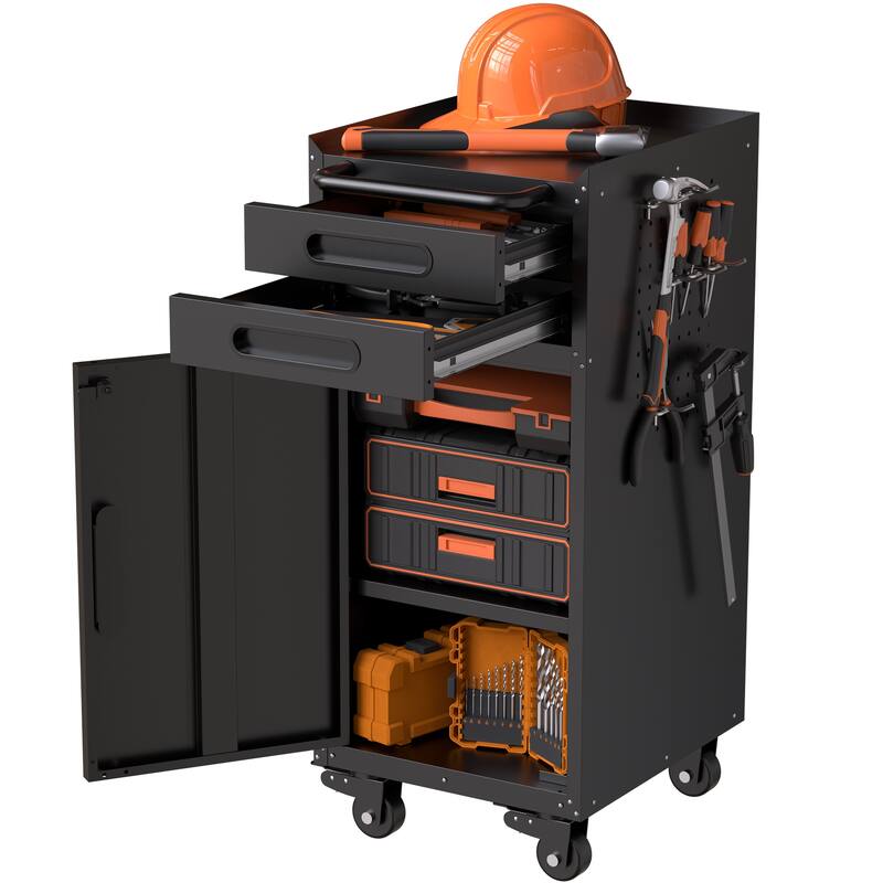 34.3" Narrow Rolling Tool Cabinet - Space-Saving Garage Storage with Lockable Door, 2 Drawers and Large Handle