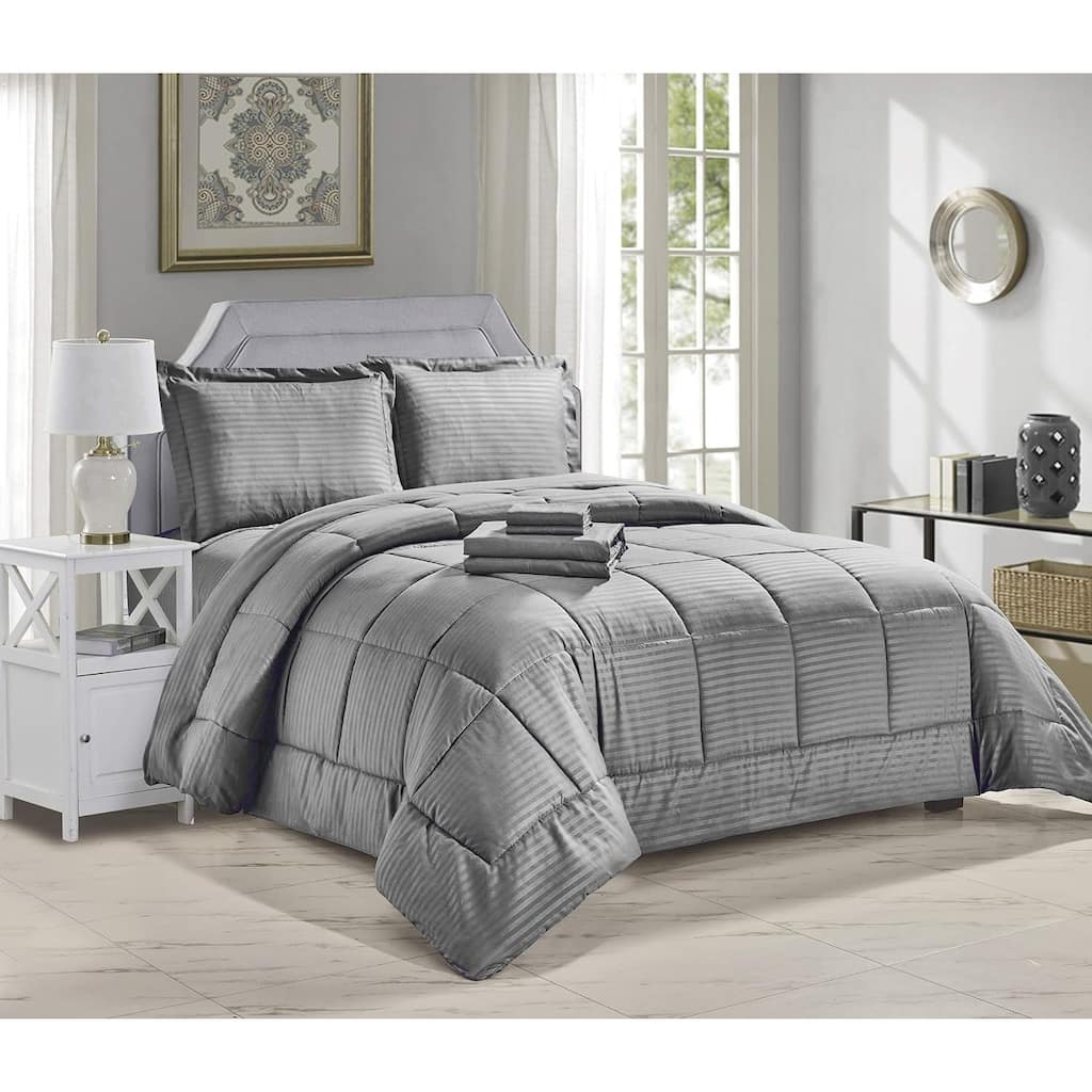 Ultra Lush Queen Size Down Alternative 8 Piece Bed in a Bag Embossed Stripe Comforter Set - Grey