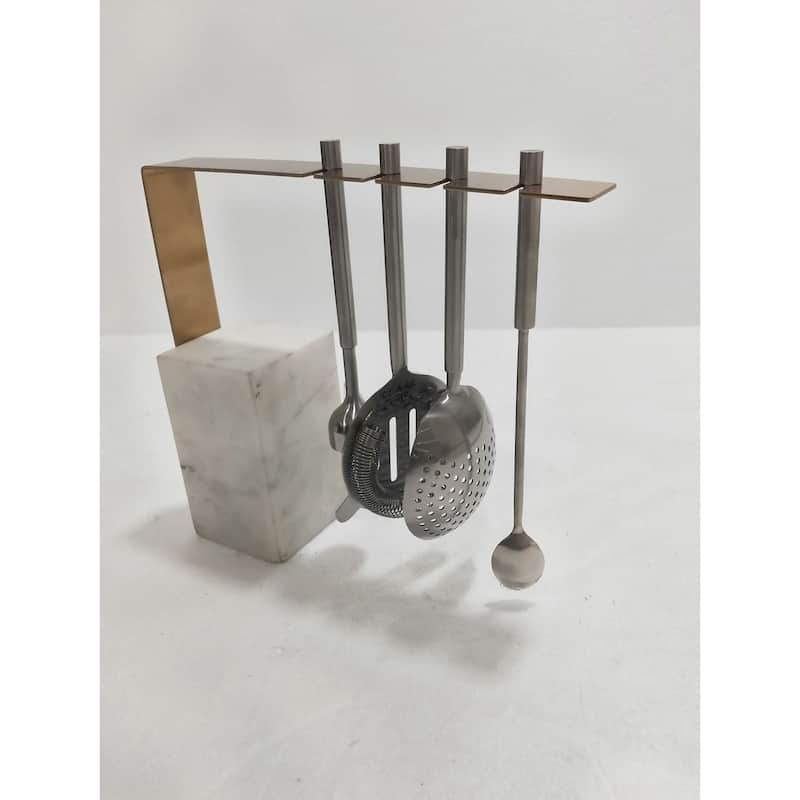 White Marble & Gold Hanging Bar Tools Set - Natural White Marble
