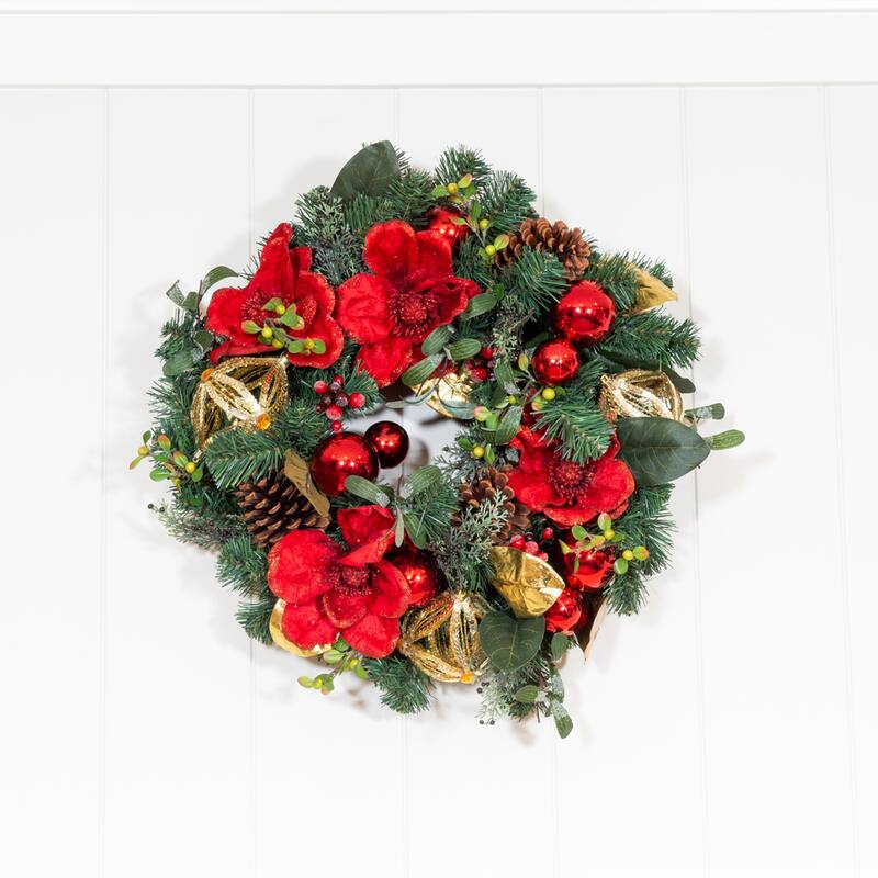 24 in. Lighted Christmas Wreath - Red Magnolia - Assorted