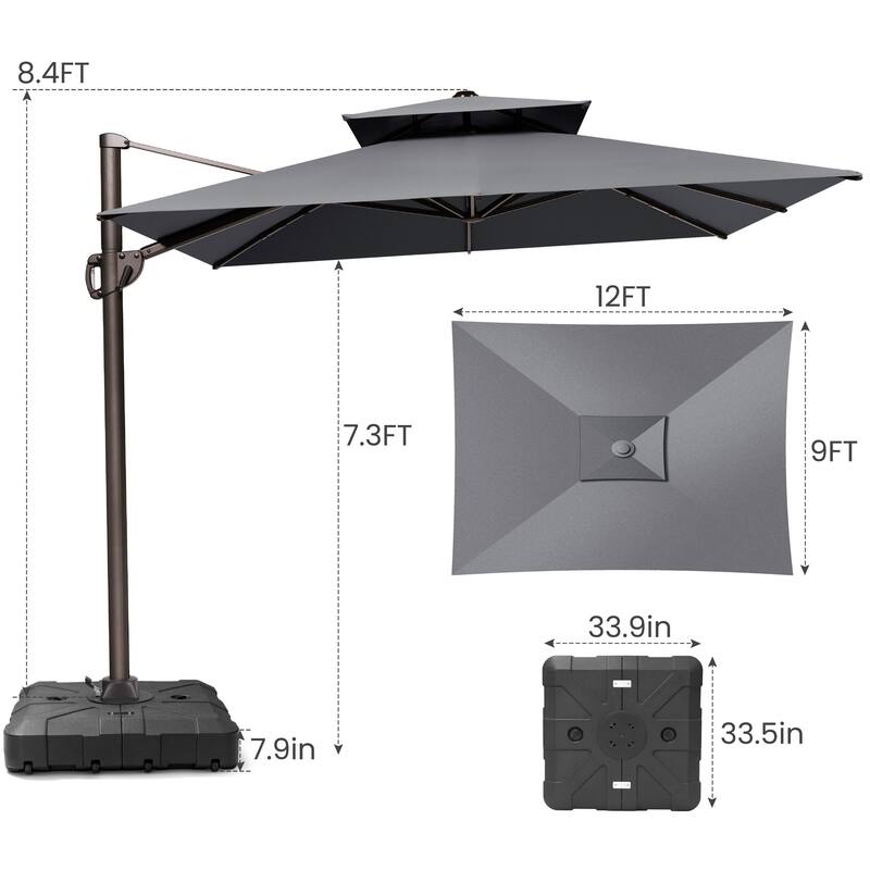 9 x 12 ft Outdoor Double Top Patio Cantilever Umbrella with Base