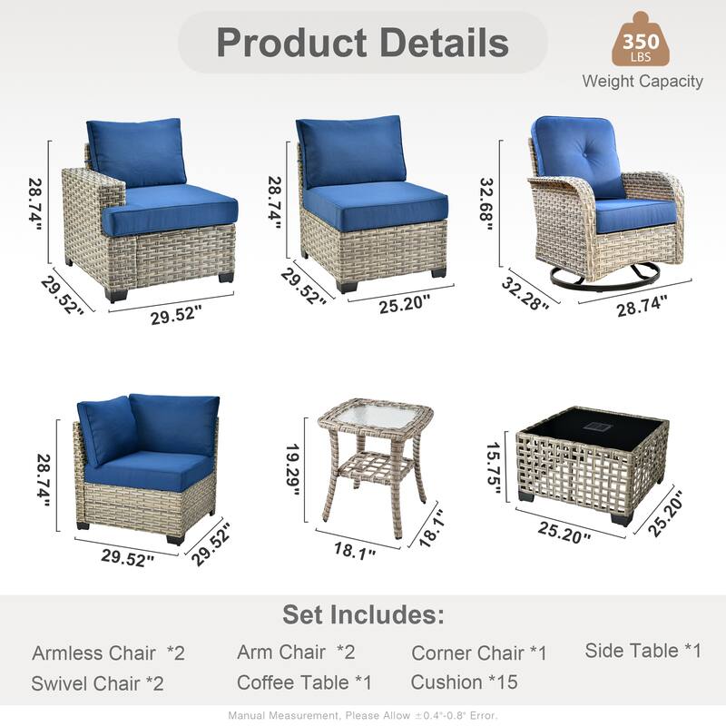 OVIOS 9 Pieces Swivel Chair Set Wide Arm T shaped Seat With Solar-Powered Coffee Table