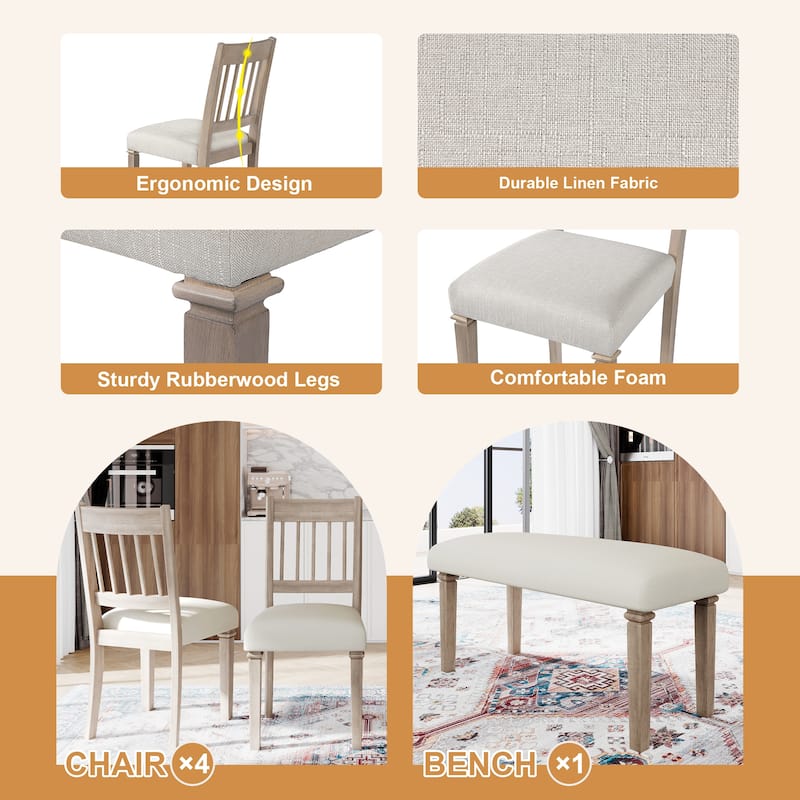 6-Piece Retro Dining Room Set, Classic Kitchen Furniture Set, Wooden Rectangular Table and 4 Chairs with Bench