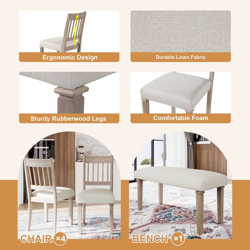 6-Piece Retro Dining Set with Wooden Table, 4 Chairs and Bench, Space-Saving Kitchen & Dining Room Furniture