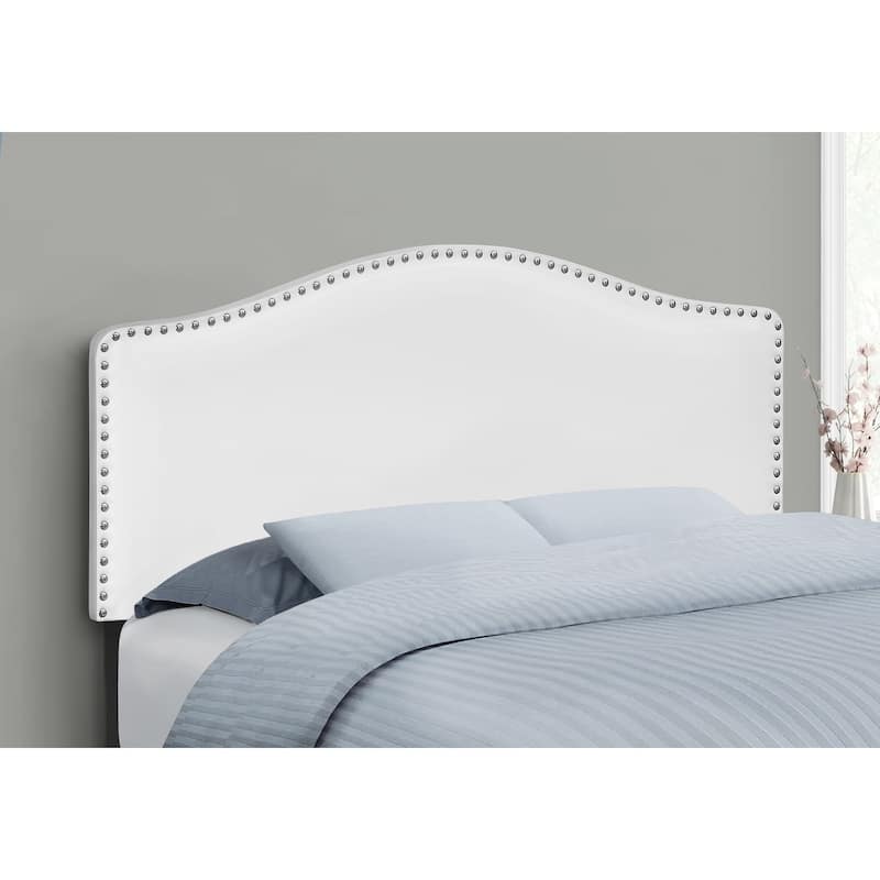 Full Size Upholstered White Leather Look Headboard with Chrome Trim - White
