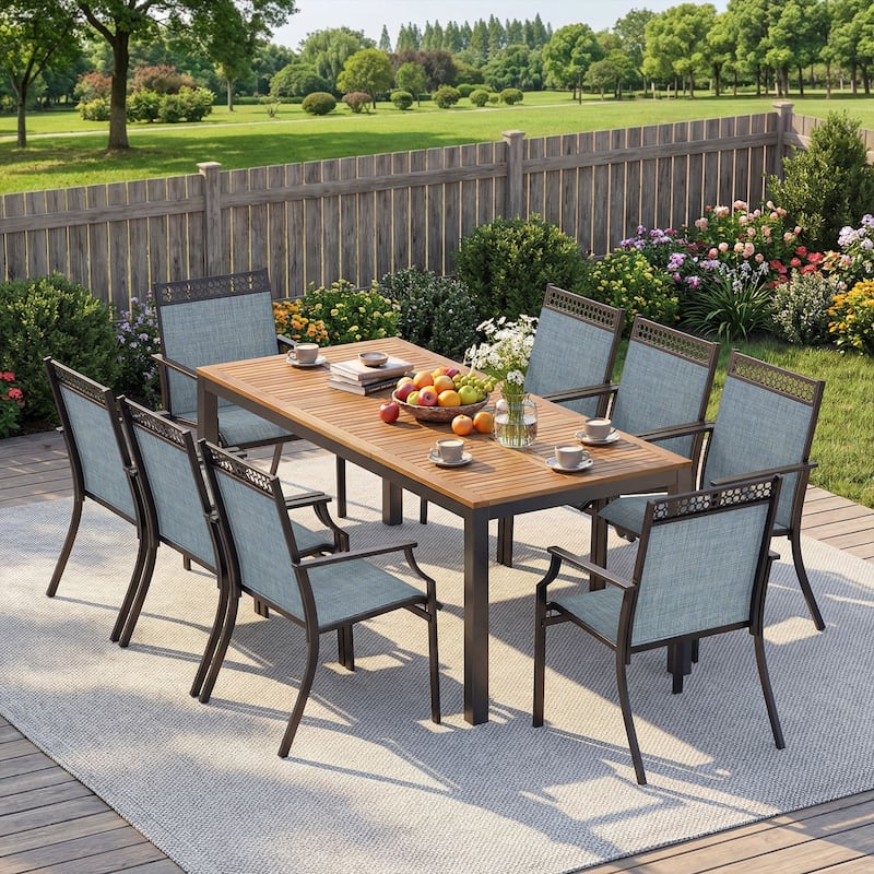 Gymax 9PCS Patio Dining Set for 8 w/Quick-Drying Fabric Sturdy Acacia