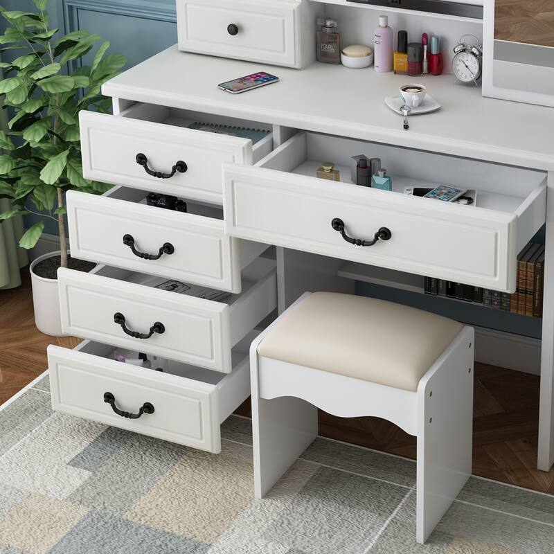 6 Drawers Vanity Desk with Large Led Makeup Mirror, Dressing Table and Stool Set for Bedroom