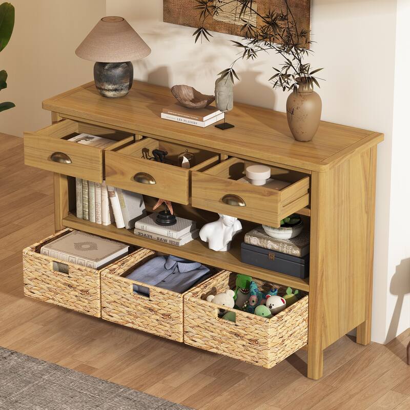 Retro Console Table With 3 Drawers, Entryway Table With 3 Water Hyacinth Woven Baskets,Wooden Accent Sofa Table Buffet Cabinet