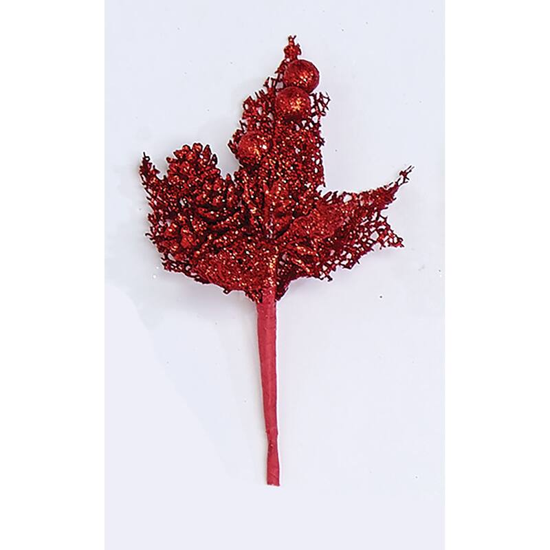 7" Mini Glitter Leaf & Cone Pick, Red, Set of 6