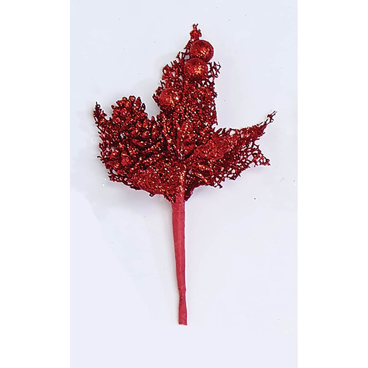 7" Mini Glitter Leaf & Cone Pick, Red, Set of 6