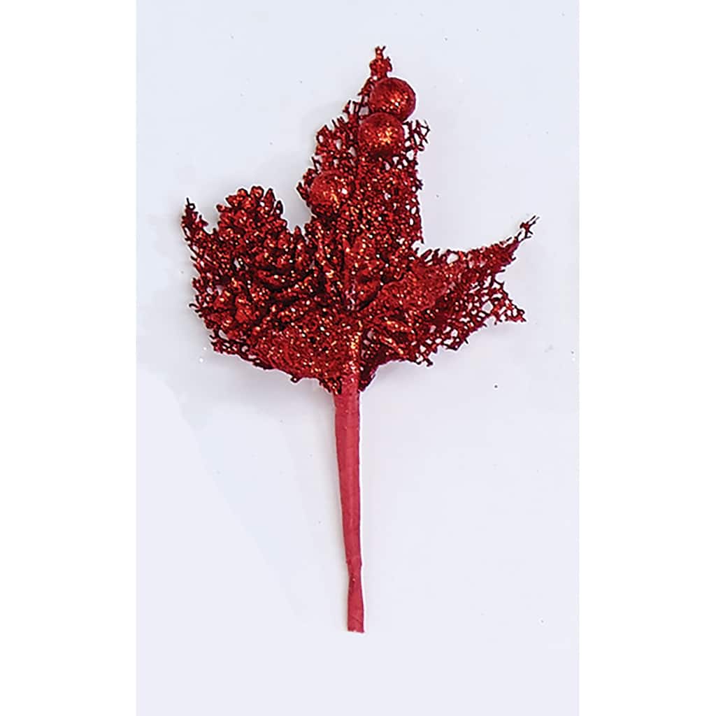 7" Mini Glitter Leaf & Cone Pick, Red, Set of 6