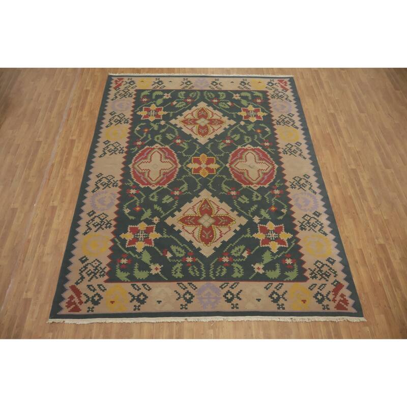 Hand Woven Oriental 100% Wool Carpet Southwestern Tribal Green Kilim Area Rug - 11' 8'' X 8' 11''