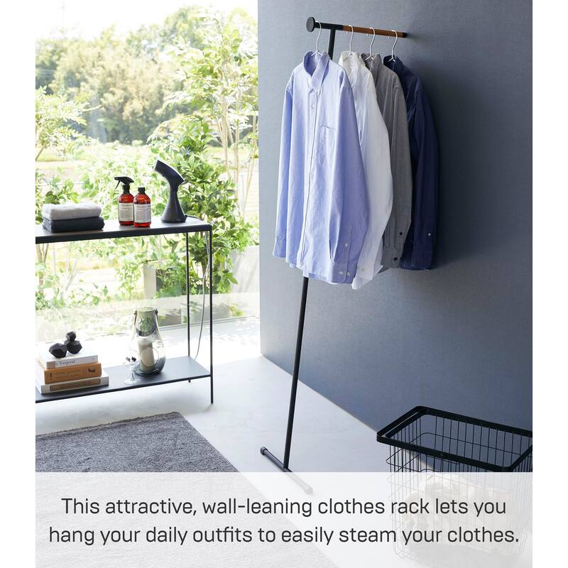 Yamazaki Home Leaning Clothes Hanger, Steel and Wood, Holds 12 lbs - L 18.5 x W 15.16 x H 63.78 inches