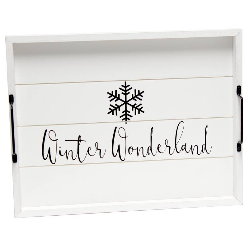 HomeRoots 16" White And Black Winter Wonderland Serving Tray With Handles - 15.50 in. x 2.25 in. x 12.00 in.