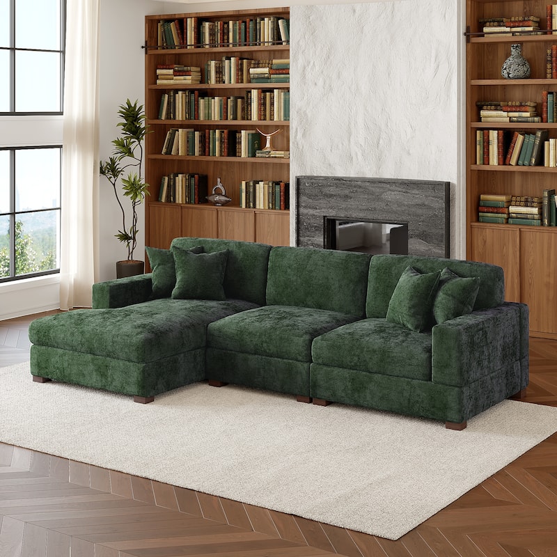 Modern Oversized Chenille Modular Sectional Sofa With Chaise - Green/3 Piece - Left Facing