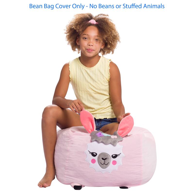 Stuffed Animal Storage Bean Bag Chair Cover only for Kids, Toy Holder - Medium - 18 inch - Pink Llama