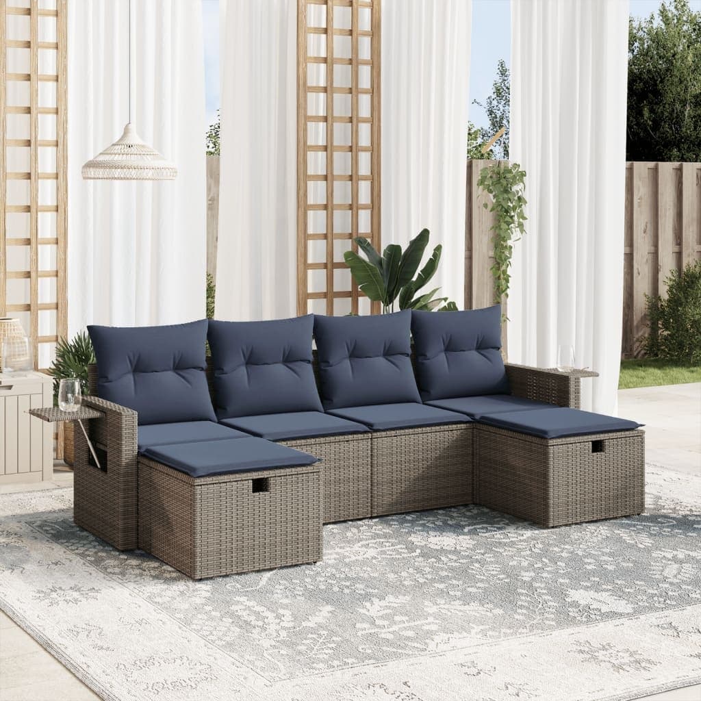 vidaXL 6 Piece Patio Sofa Set with Cushions Gray Poly Rattan - 21.7" x 24.4" x 27.2"