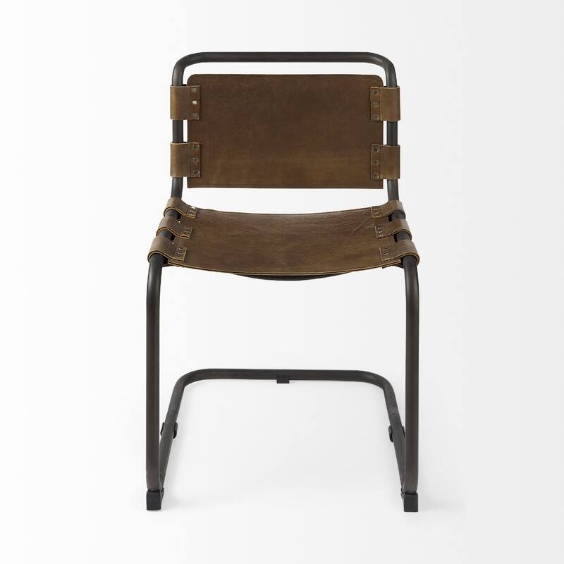 Contemporary Faux Leather Dining Side Chair with Open Back and Black Metal Legs Nailhead Trim - 31”H x 25”W x 21”D