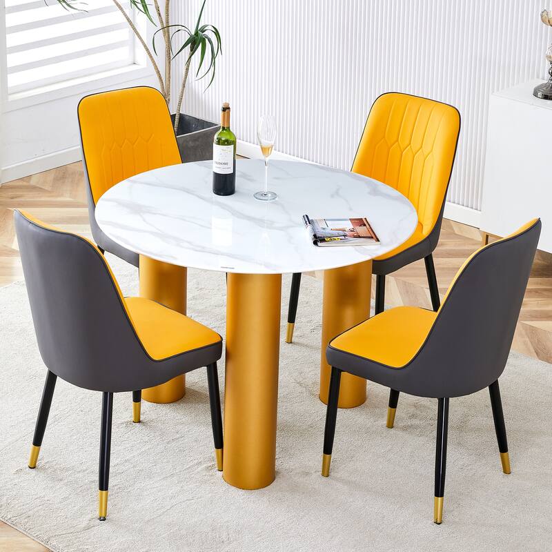 Roomfitters Round Dining Table with Faux Marble Glass Top and Golden MDF Legs for Kitchen or Living Room, White