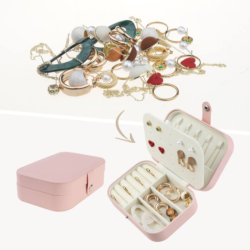 Travel Jewelry Box for Women, Portable PU Leather Jewelry Organizer Case Storage Display Holder for Earring Necklace Ring - Pink