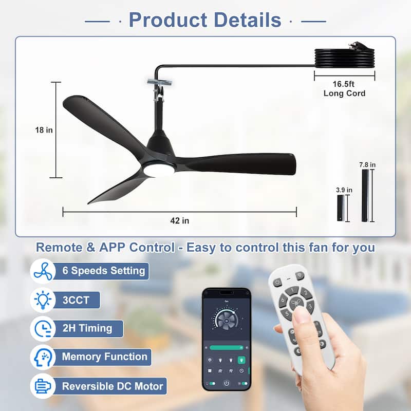 Outdoor Ceiling Fan with Light: Plug-in Hanging Fan, Remote App Control, 3CCT, 6-Speed