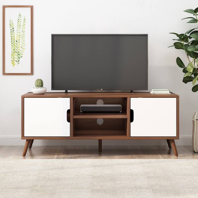 Mid-Century Modern White and Walnut TV Stand with 3 Drawers for TVs Up to 49" - White+Walnut