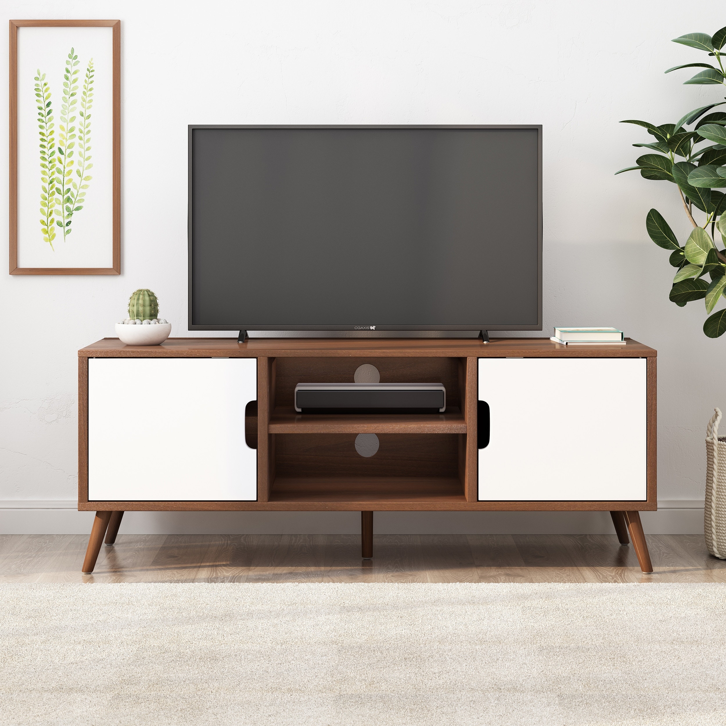Mid Century Modern White and Walnut TV Stand with Splayed Legs and Storage Drawers for TVs up to 49 Inches Bed Bath Beyond 41124104