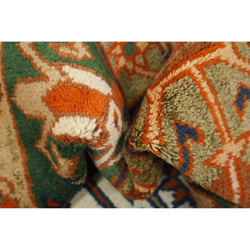 Hand Knotted Oriental 100% Wool Carpet Traditional Geometric Green Kazak Runner Rug - 7' 11'' X 2' 6''
