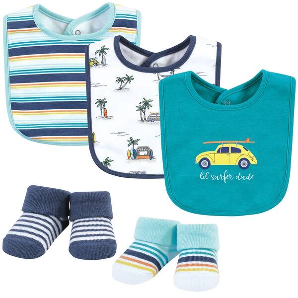 slide 1 of 1, Hudson Baby Infant Boy Cotton Bib and Sock Set, Surfer Dude, One Size - Surfer Dude - One Size