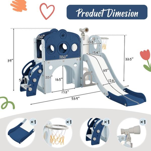 dimension image slide 2 of 3, 7 in 1 Toddler Slide Set, Freestanding Spaceship Set with Slide, Kids Slide Playset Structure, Arch Tunnel and Basketball Hoop