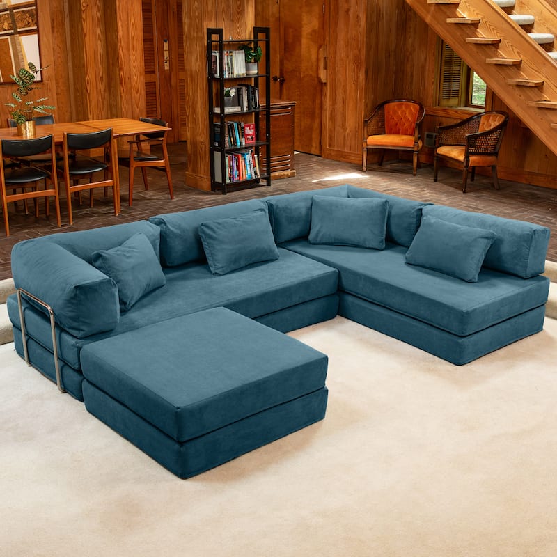 Jaxx Unsofa Modular Convertible Sectional Sofa with Fold Out King Sleeper Bed - U-Shaped Sectional. - Corduroy Aqua Blue