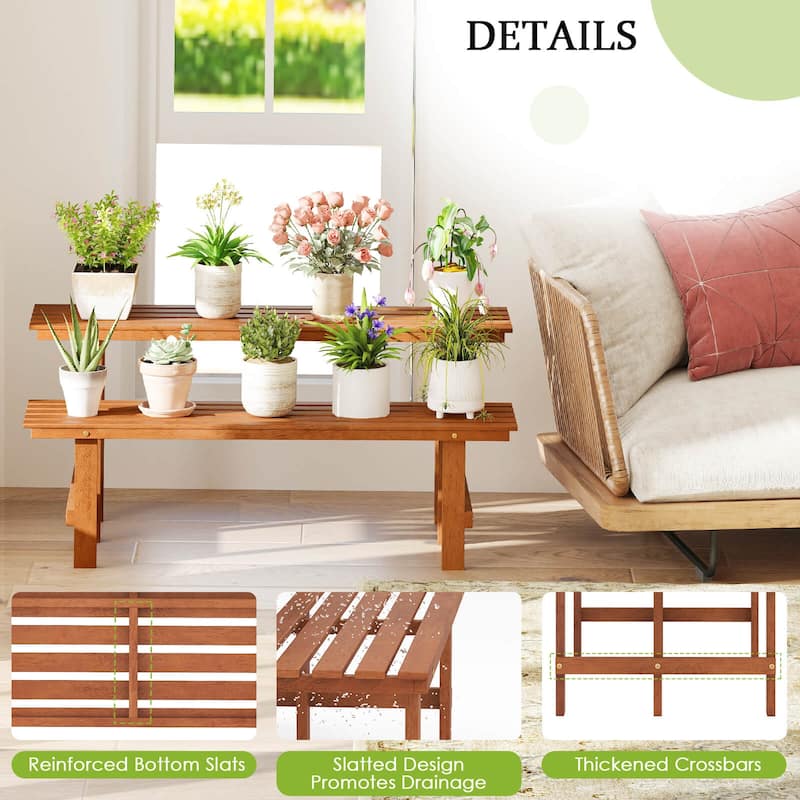 Costway 2 Tier Wood Plant Stand with Teak Oil Finish Indoor & Outdoor - See Details