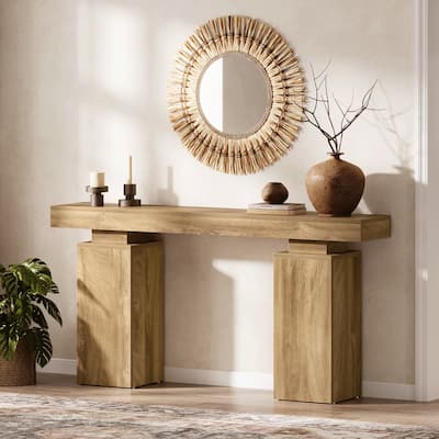 Industrial Farmhouse Console Table with Double Pedestal for Entryway